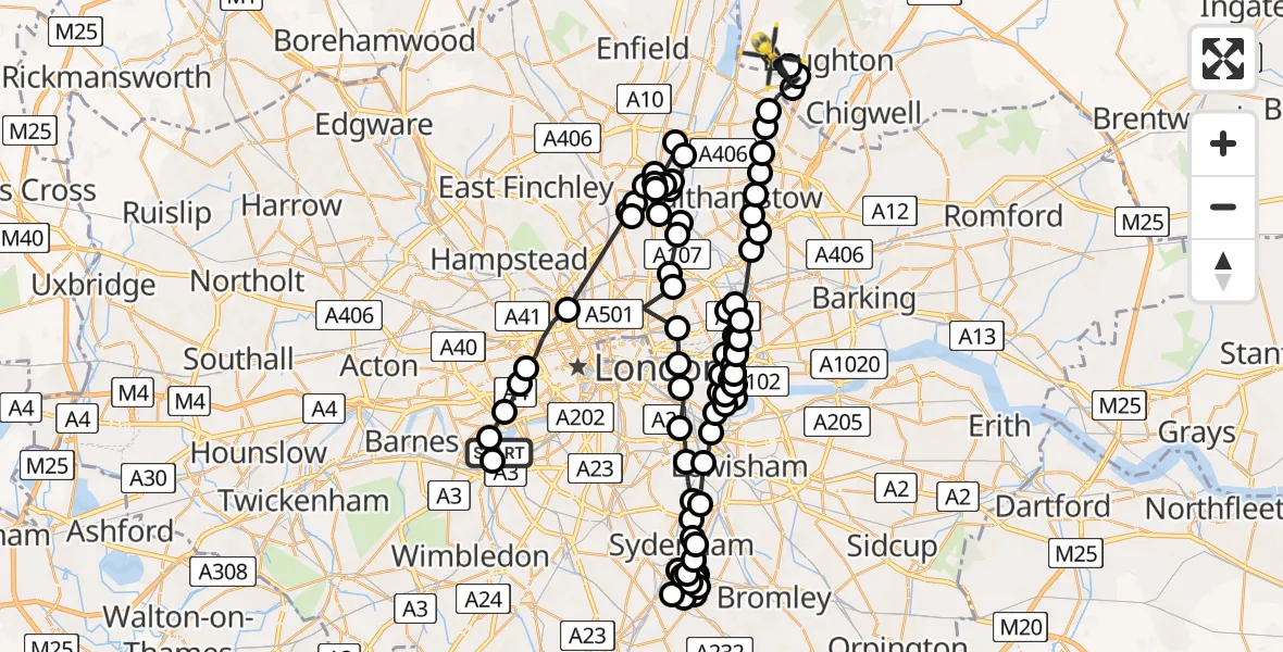 Flight route Police Helicopter Wandsworth - Sewardstonebury, 25 July 2026, 15:49