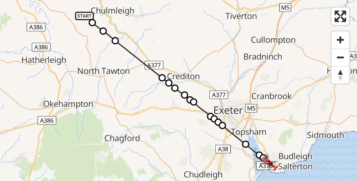 Flight route Air Ambulance Helicopter Ashreigney - Exmouth, 25 July 2026, 15:50