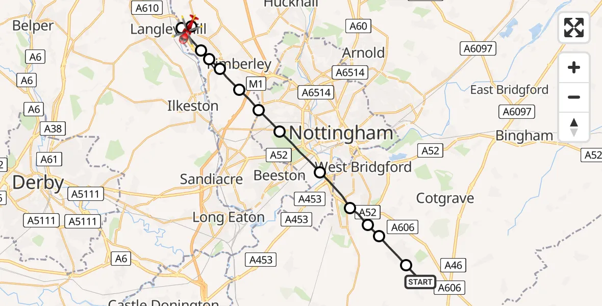 Flight route Air Ambulance Helicopter Widmerpool - Eastwood, 25 July 2026, 15:55