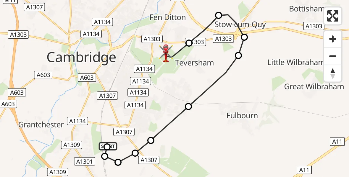Flight route Air Ambulance Helicopter Papworth Hospital - Cambridge City Airport, 25 July 2026, 15:55