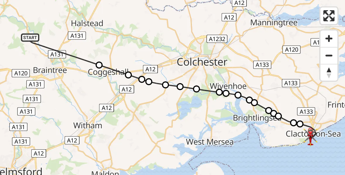 Flight route Air Ambulance Helicopter Braintree - Clacton-on-Sea, 25 July 2026, 16:01