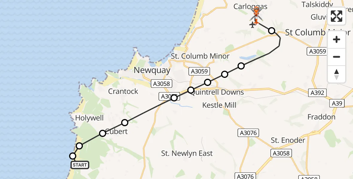 Flight route Coastguard Helicopter Perranzabuloe - Cornwall Airport Newquay, 25 July 2026, 16:01