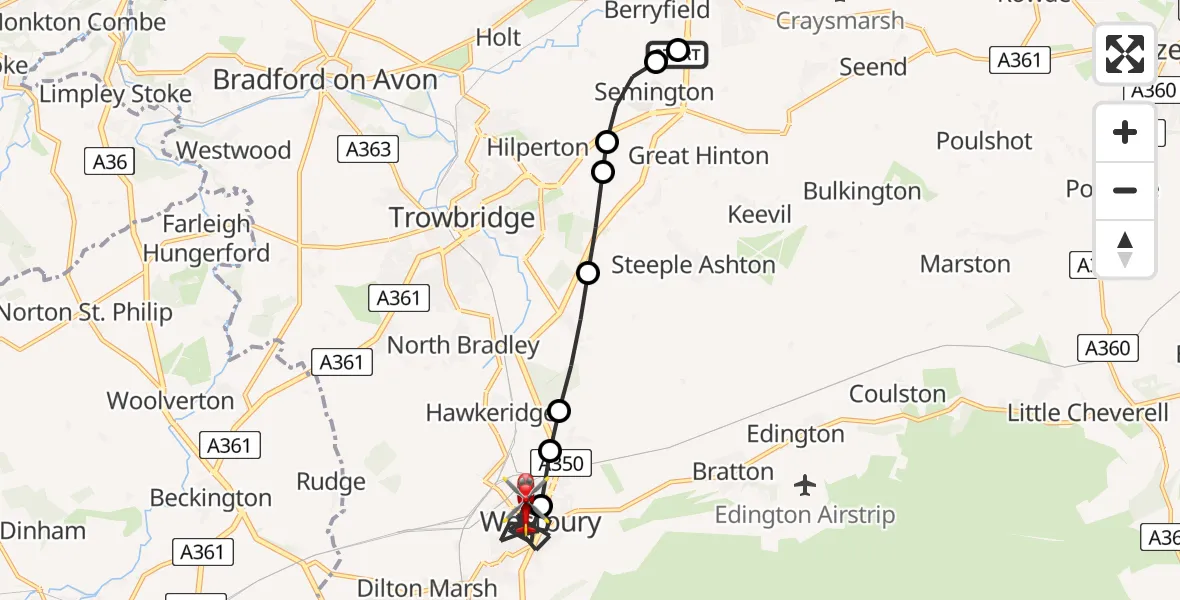 Flight route Air Ambulance Helicopter Wiltshire Air Ambulance - Westbury, 25 July 2026, 16:09