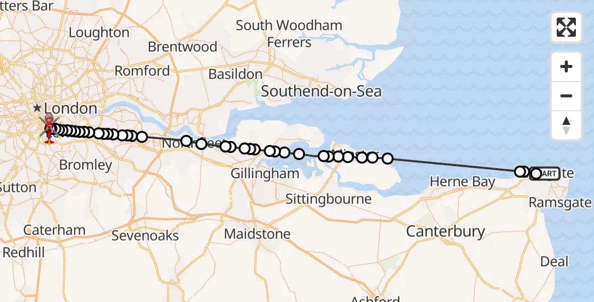 Flight route Air Ambulance Helicopter Margate - Kings College London Hospital, 25 July 2026, 16:14