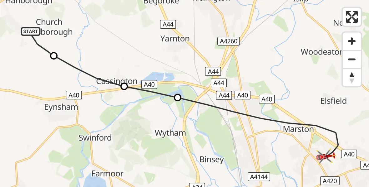 Flight route Air Ambulance Helicopter Church Hanborough - Oxford, 25 July 2026, 16:20
