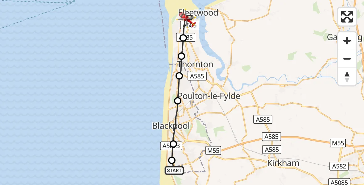 Flight route Air Ambulance Helicopter Blackpool Airport - Fleetwood, 25 July 2026, 16:30