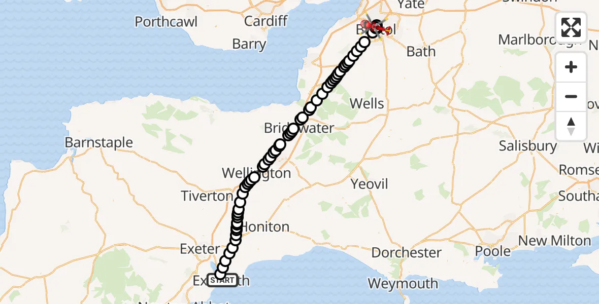 Flight route Air Ambulance Helicopter Exmouth - Bristol Royal Infirmary, 25 July 2026, 16:31