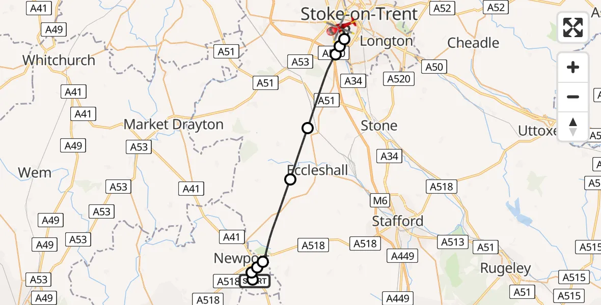 Flight route Air Ambulance Helicopter Chetwynd Aston - University Hospital North Staffs, 25 July 2026, 16:38