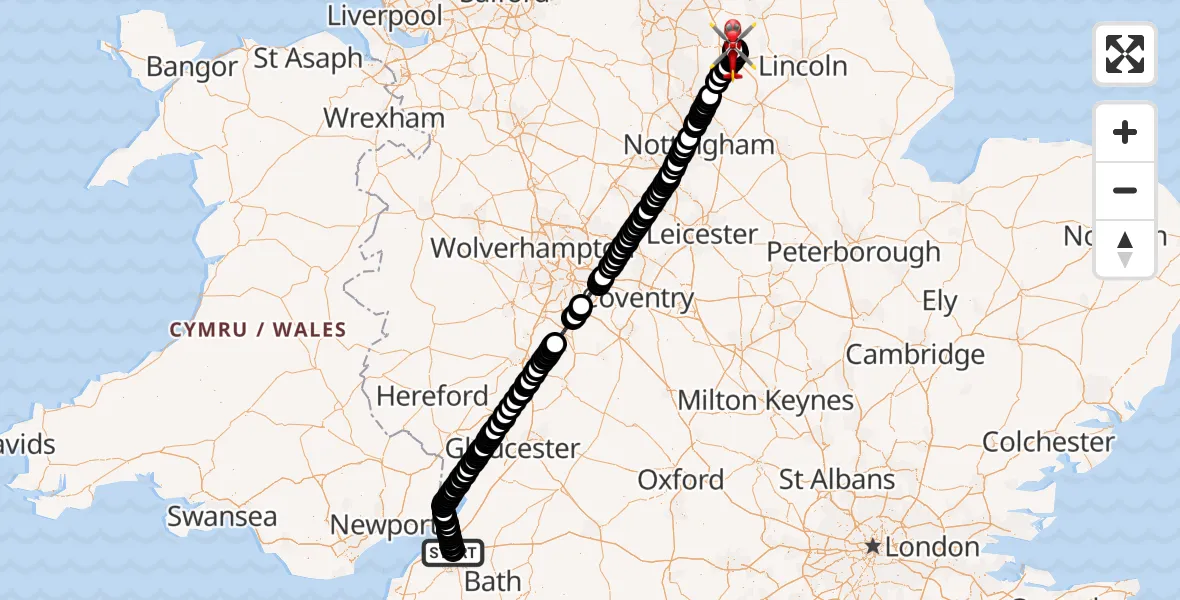 Flight route Air Ambulance Helicopter Southmead Hospital - Retford Gamston Airport, 25 July 2026, 16:40