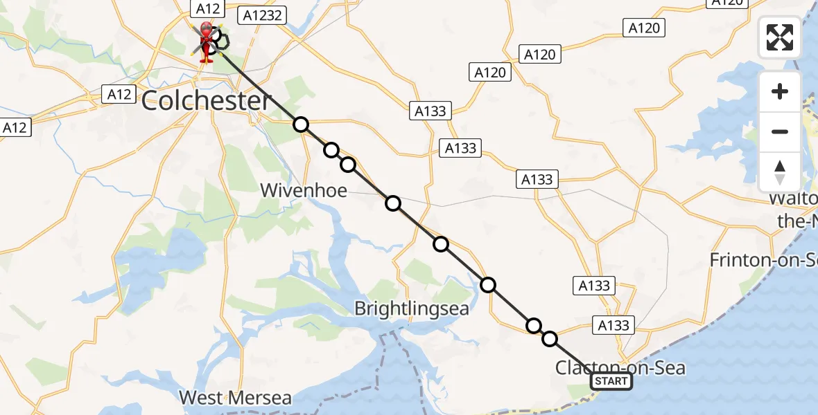 Flight route Air Ambulance Helicopter Clacton-on-Sea - Colchester Hospital, 25 July 2026, 16:47