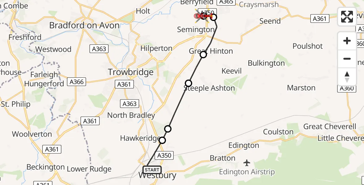 Flight route Air Ambulance Helicopter Westbury - Wiltshire Air Ambulance, 25 July 2026, 16:52