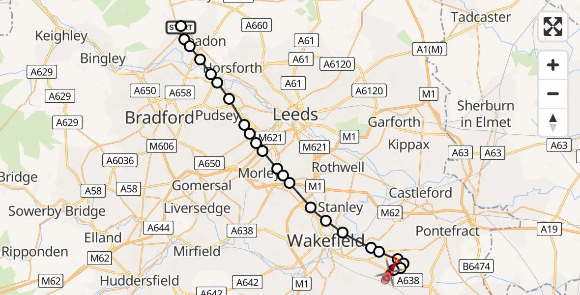 Flight route Air Ambulance Helicopter Guiseley - YAA Nostell Helicopter Port, 25 July 2026, 16:52