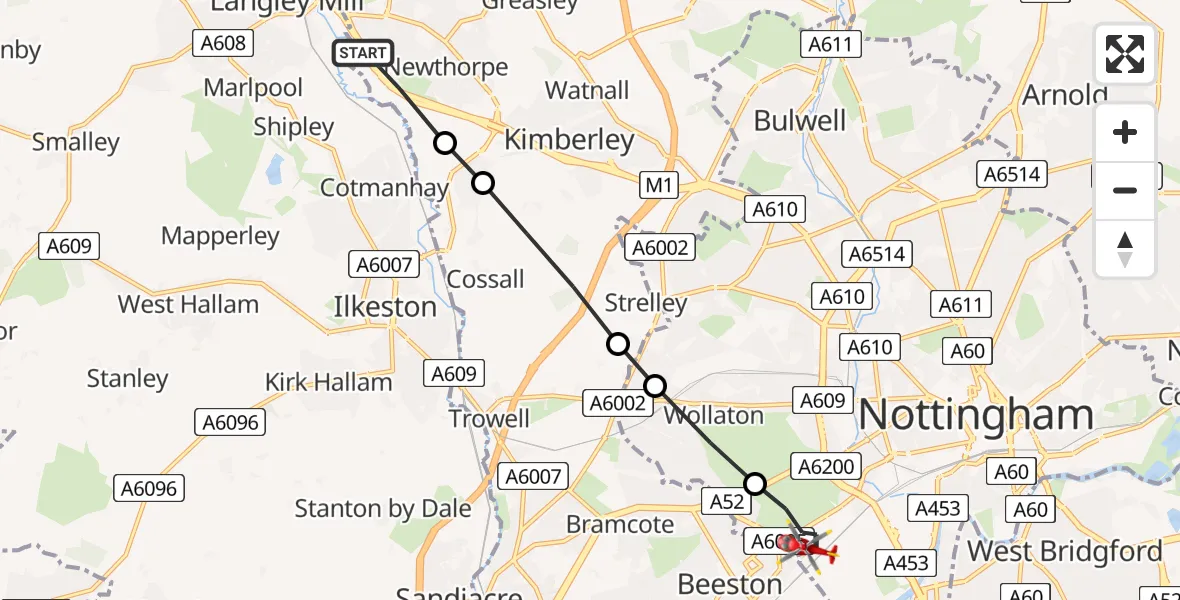 Flight route Air Ambulance Helicopter Eastwood - City of Nottingham, 25 July 2026, 16:53