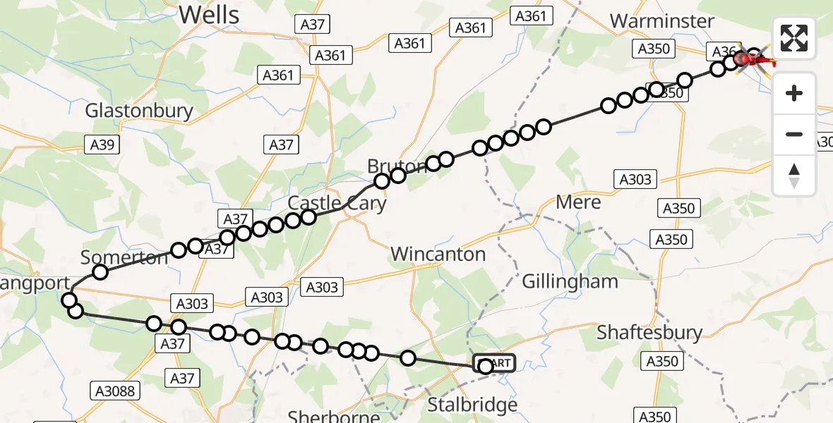 Flight route Air Ambulance Helicopter Henstridge Airfield - Knook, 25 July 2026, 16:59