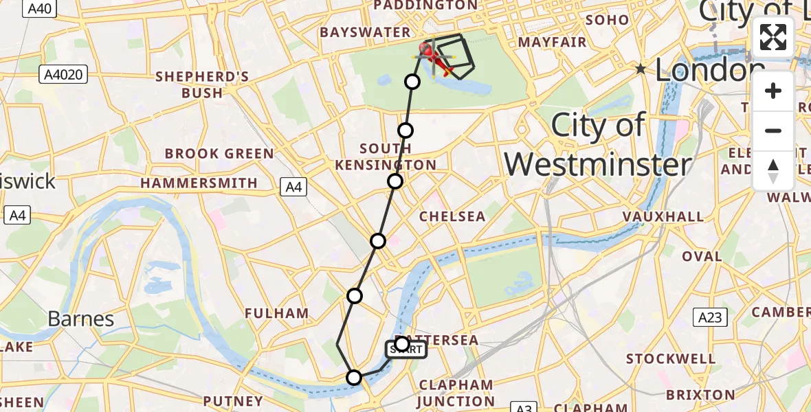 Flight route Air Ambulance Helicopter London Heliport - City of Westminster, 25 July 2026, 17:07