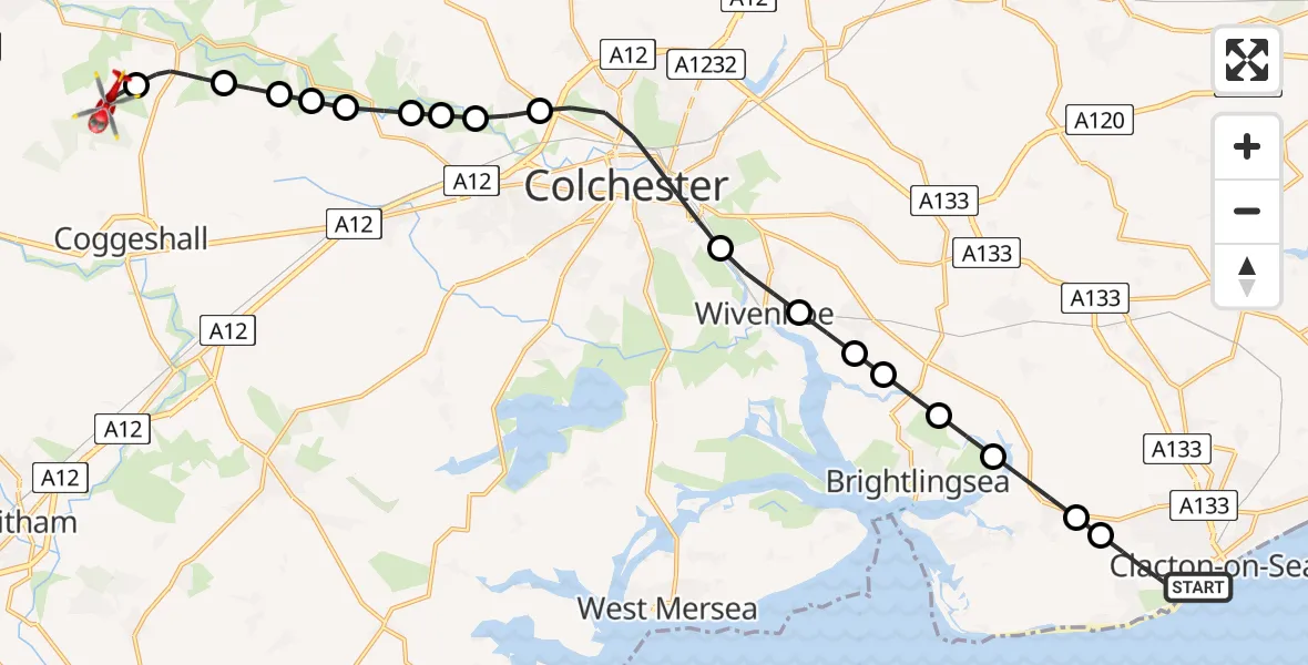 Flight route Air Ambulance Helicopter Clacton-on-Sea - Earls Colne Airfield, 25 July 2026, 17:07