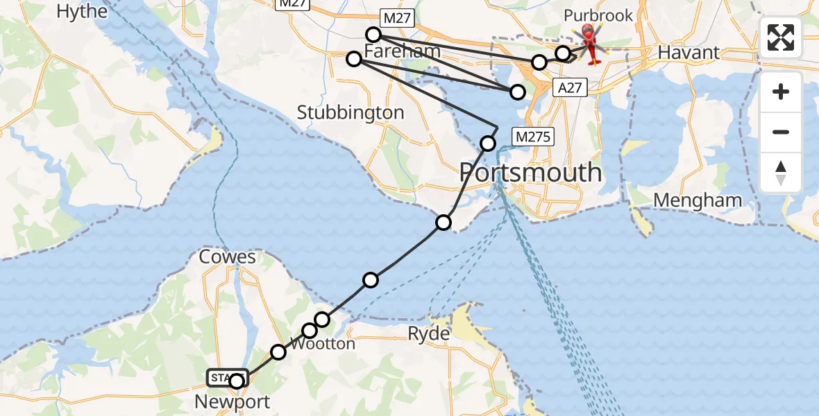 Flight route Air Ambulance Helicopter St Marys Hospital Isle Of Wight - Havant, 25 July 2026, 17:07