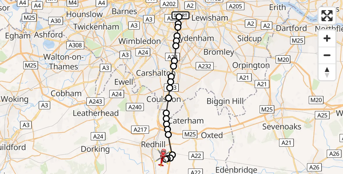 Flight route Air Ambulance Helicopter Kings College London Hospital - Redhill Aerodrome, 25 July 2026, 17:10