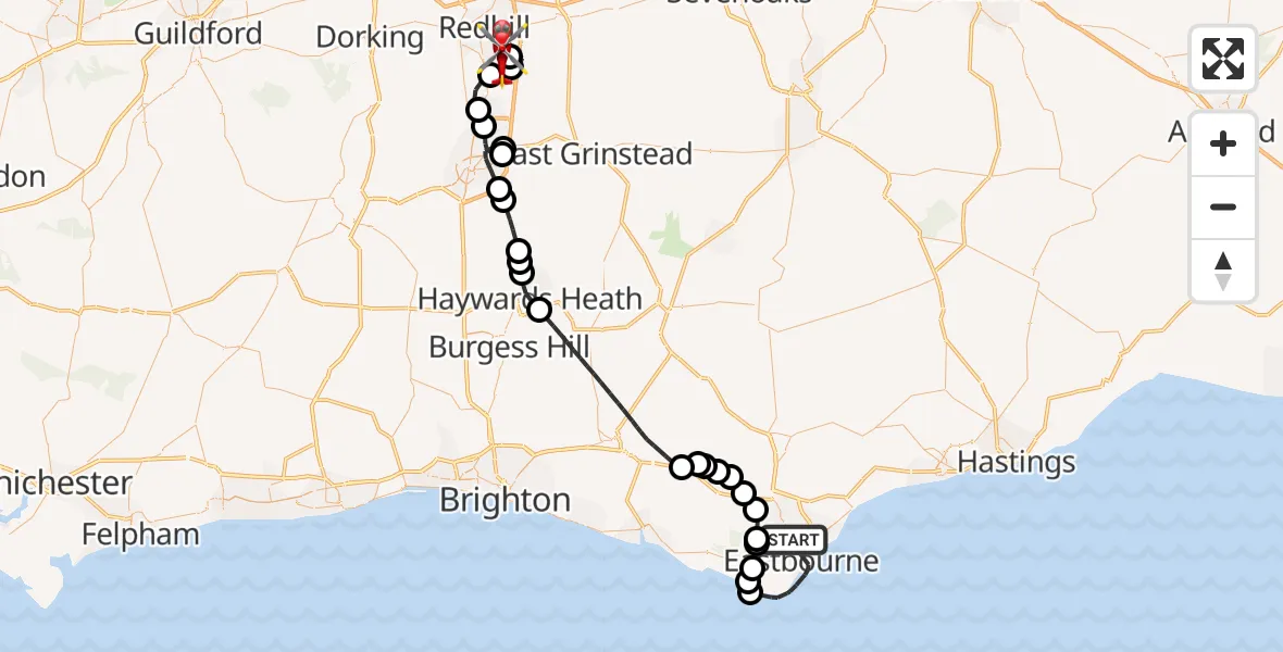 Flight route Air Ambulance Helicopter Eastbourne - Redhill Aerodrome, 25 July 2026, 17:12