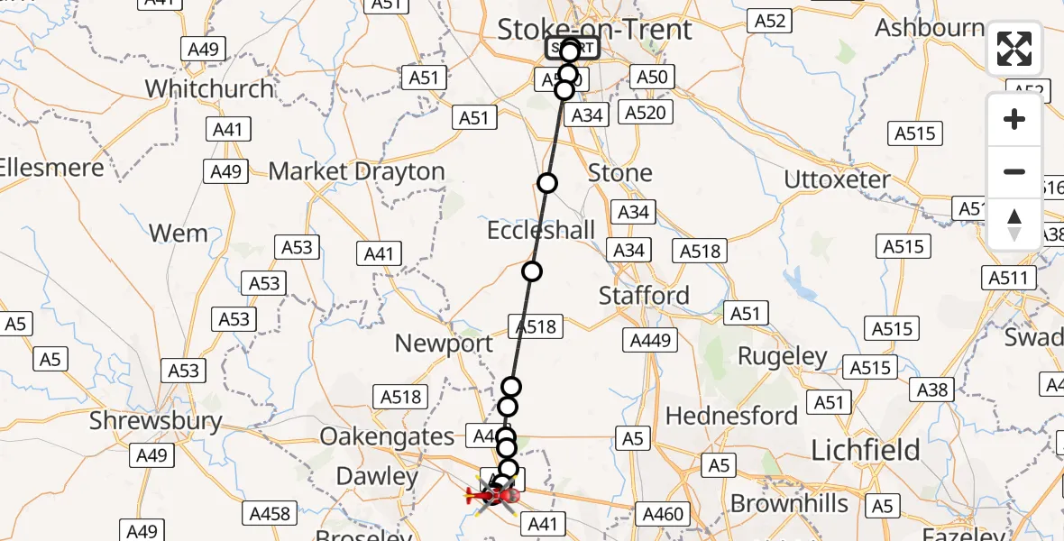 Flight route Air Ambulance Helicopter University Hospital North Staffs - Cosford, 25 July 2026, 17:12