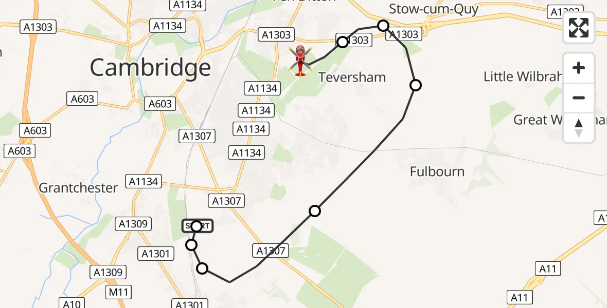 Flight route Air Ambulance Helicopter Papworth Hospital - Cambridge City Airport, 25 July 2026, 17:12