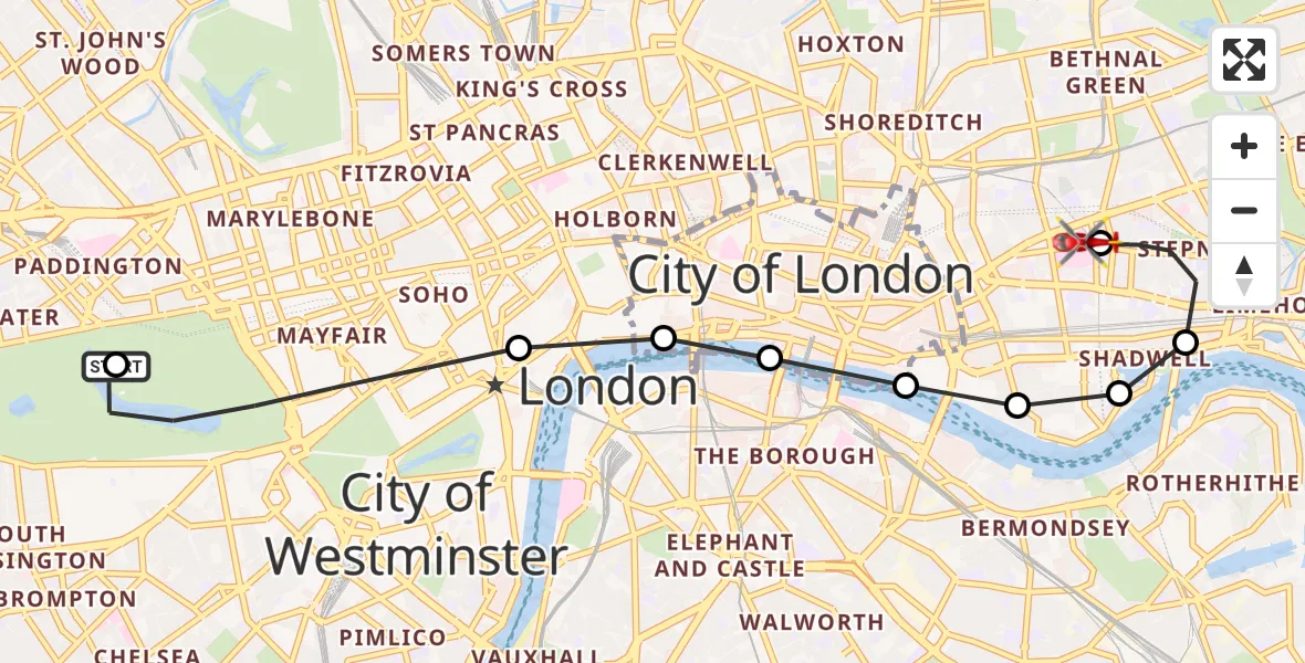 Flight route Air Ambulance Helicopter City of Westminster - Royal London Hospital, 25 July 2026, 17:20