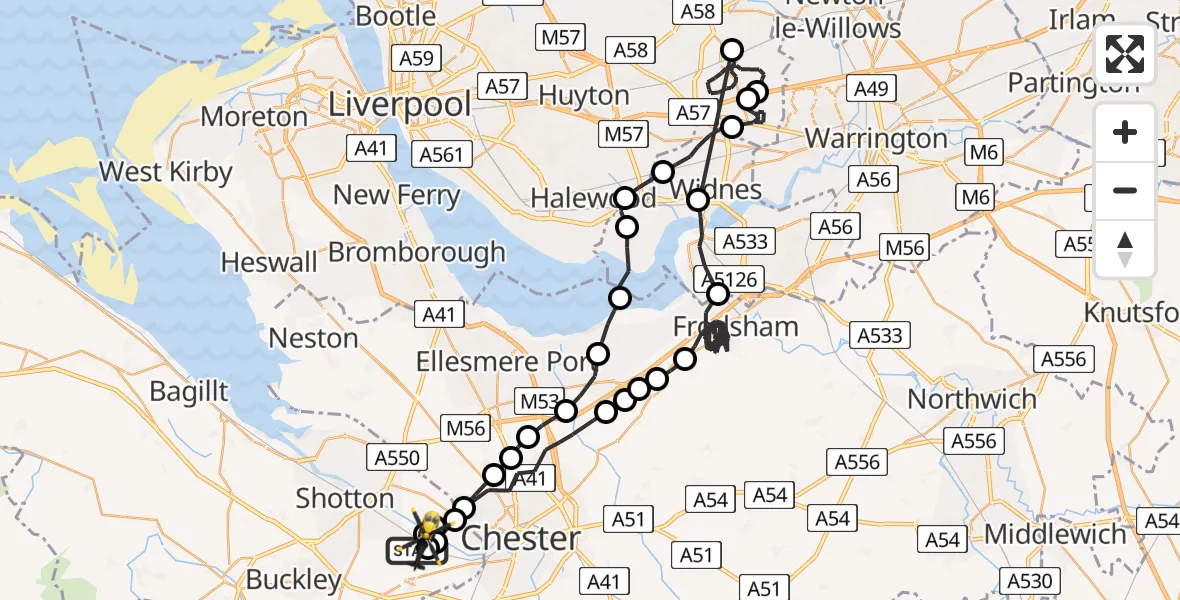Flight route Police Helicopter Hawarden Airport - Broughton and Bretton, 25 July 2026, 17:23