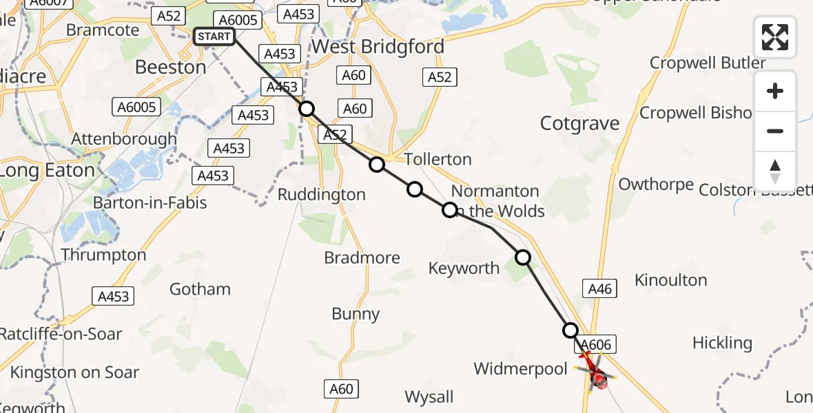 Flight route Air Ambulance Helicopter City of Nottingham - Rushcliffe, 25 July 2026, 17:25