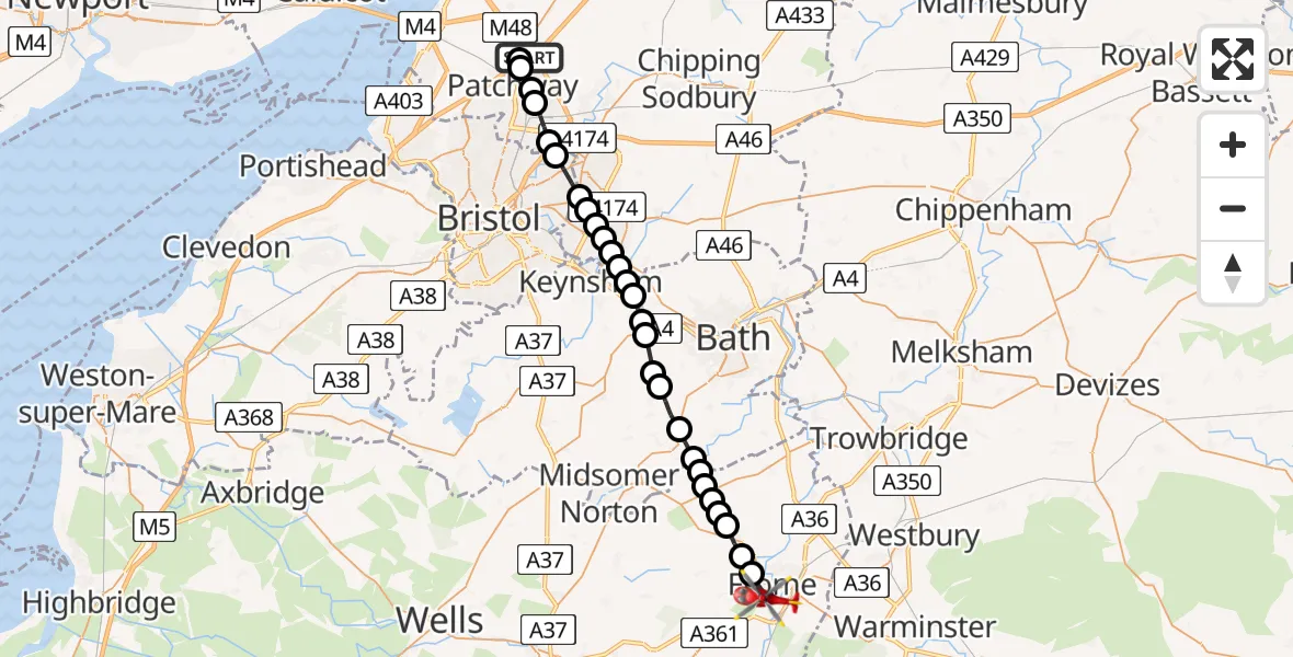 Flight route Air Ambulance Helicopter Almondsbury Helicopter Base - Frome, 25 July 2026, 17:30