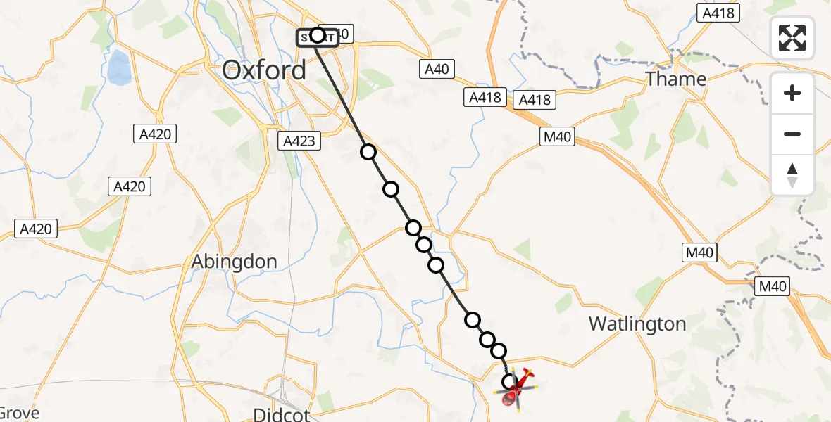 Flight route Air Ambulance Helicopter John Radcliffe Hospital - RAF Benson, 25 July 2026, 17:34