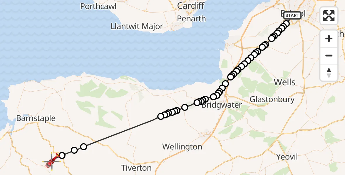 Flight route Air Ambulance Helicopter Bristol - Burrington, 25 July 2026, 17:35