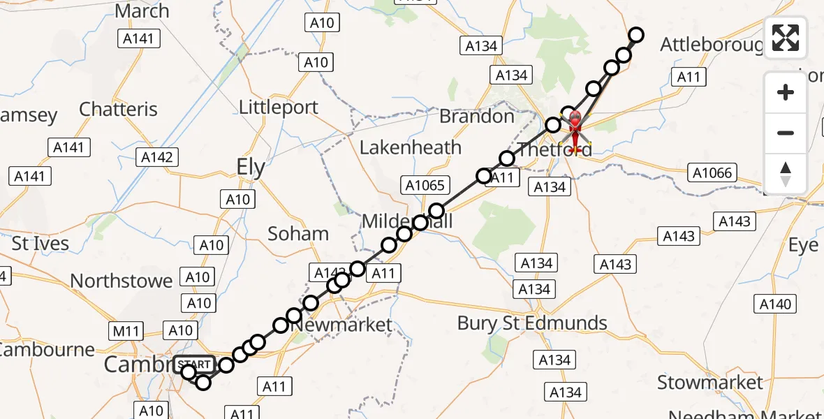 Flight route Air Ambulance Helicopter Cambridge City Airport - Breckland, 25 July 2026, 17:37