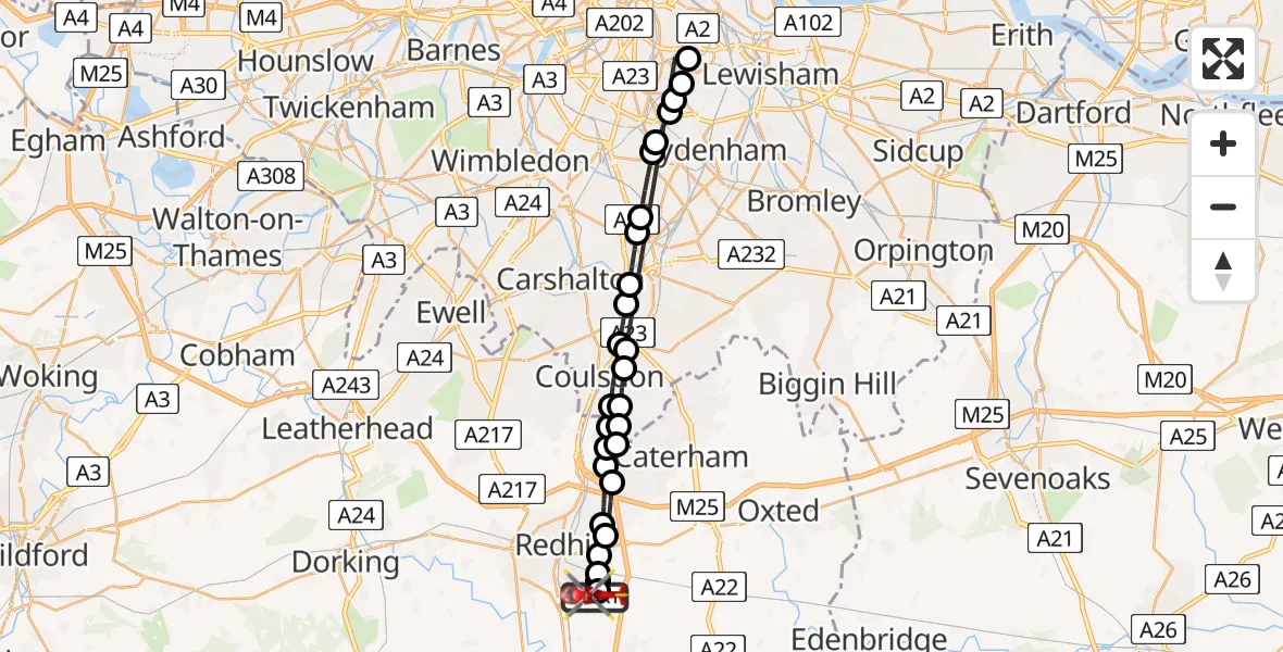 Flight route Air Ambulance Helicopter Redhill Aerodrome - Redhill Aerodrome, 25 July 2026, 17:46
