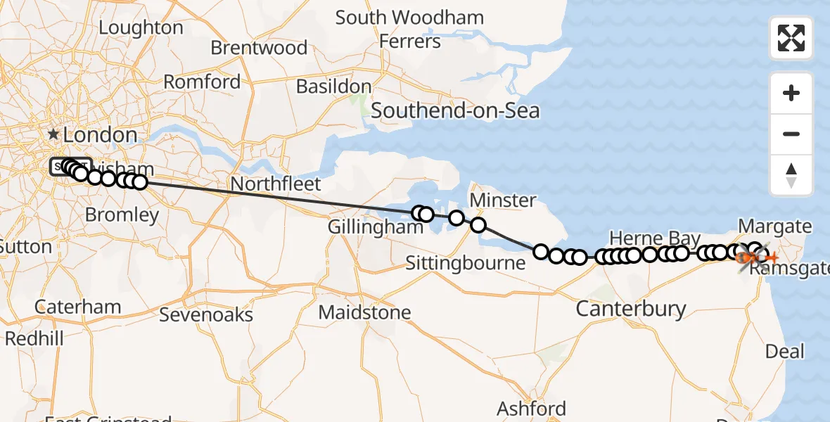 Flight route Coastguard Helicopter Kings College London Hospital - Manston Airport, 25 July 2026, 17:47