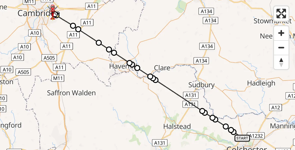 Flight route Air Ambulance Helicopter Horkesley Heath - Cambridge City Airport, 25 July 2026, 18:04