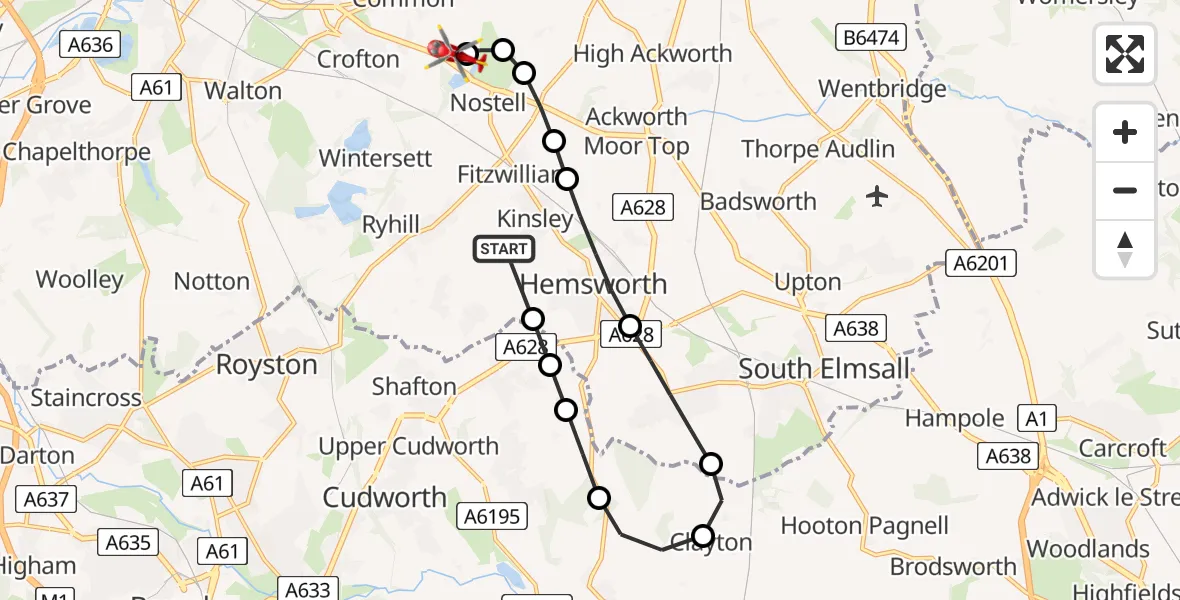 Flight route Air Ambulance Helicopter Hemsworth - YAA Nostell Helicopter Port, 25 July 2026, 18:04