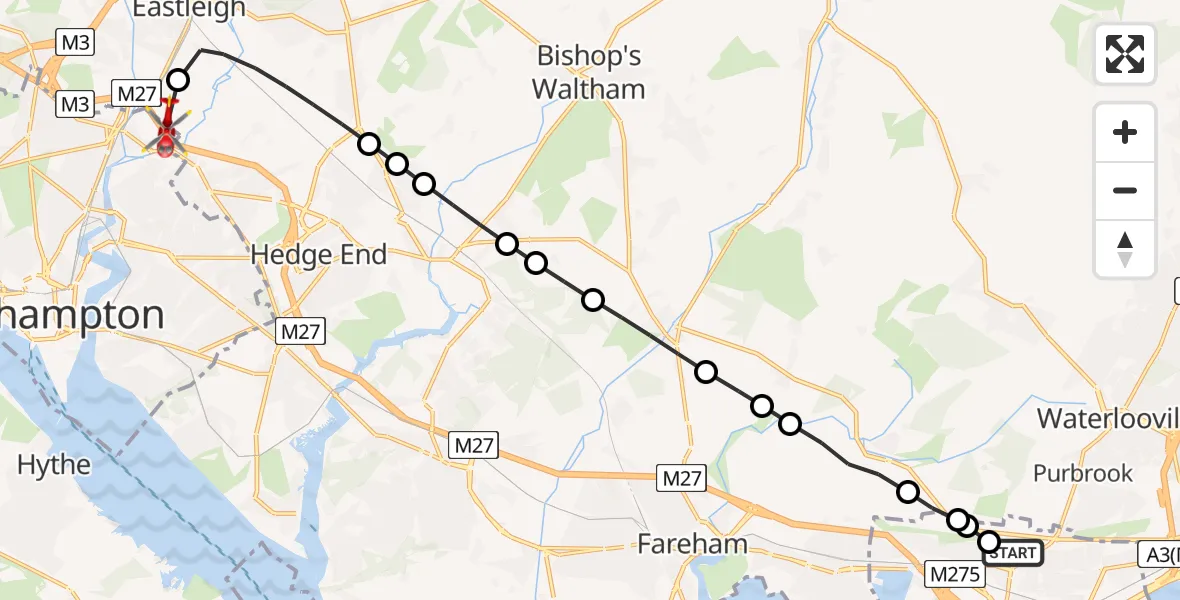 Flight route Air Ambulance Helicopter Queen Alexandra Hospital - Southampton Airport, 25 July 2026, 18:06