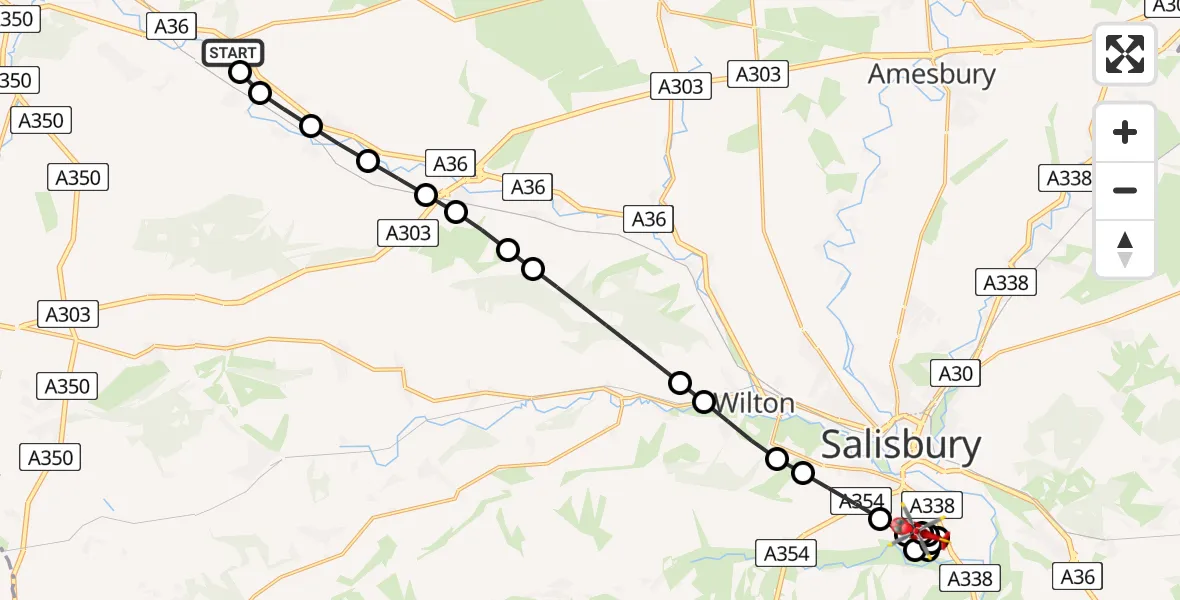 Flight route Air Ambulance Helicopter Knook - Salisbury District Hospital, 25 July 2026, 18:10