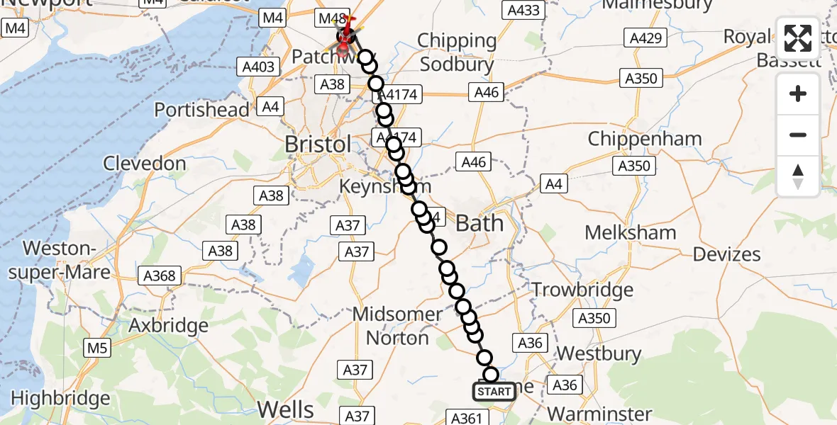 Flight route Air Ambulance Helicopter Frome - Almondsbury Helicopter Base, 25 July 2026, 18:22