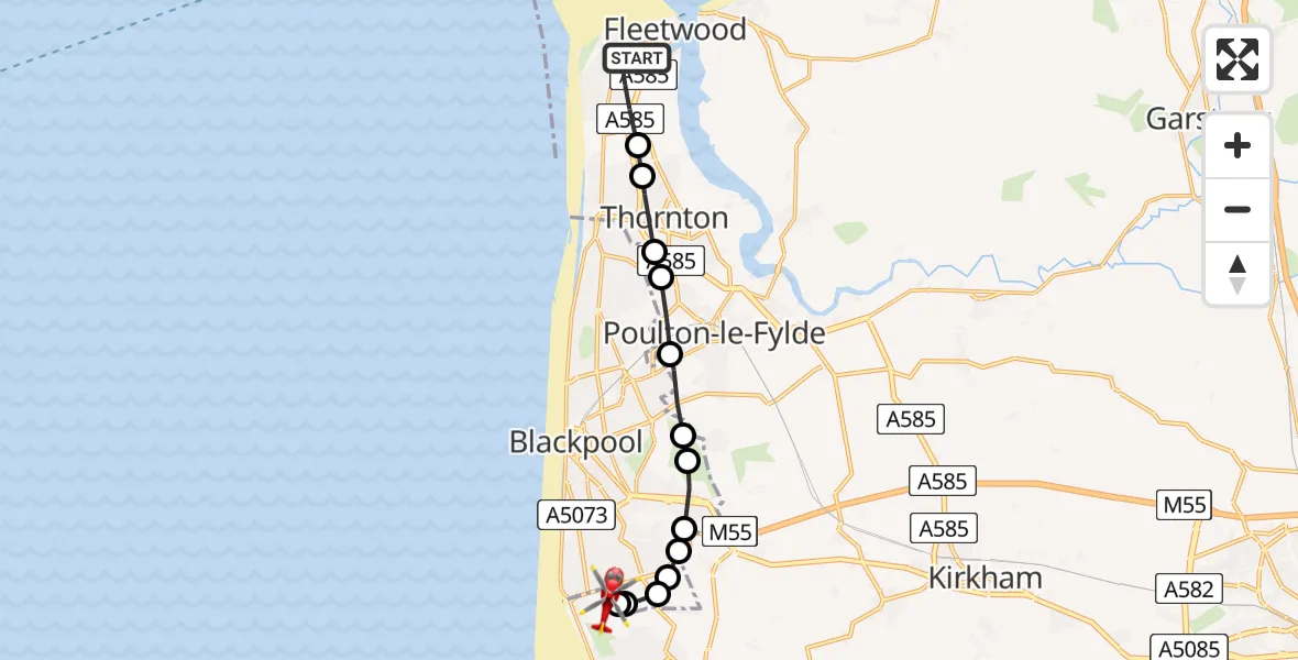 Flight route Air Ambulance Helicopter Fleetwood - Blackpool Airport, 25 July 2026, 18:27