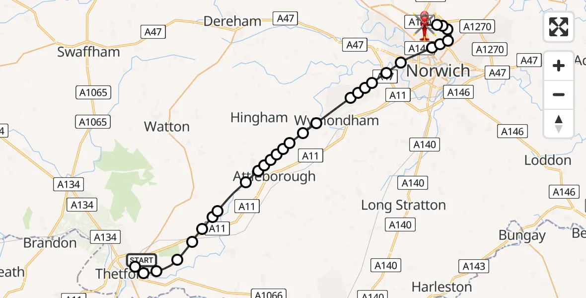 Flight route Air Ambulance Helicopter Breckland - Norwich Airport, 25 July 2026, 18:27