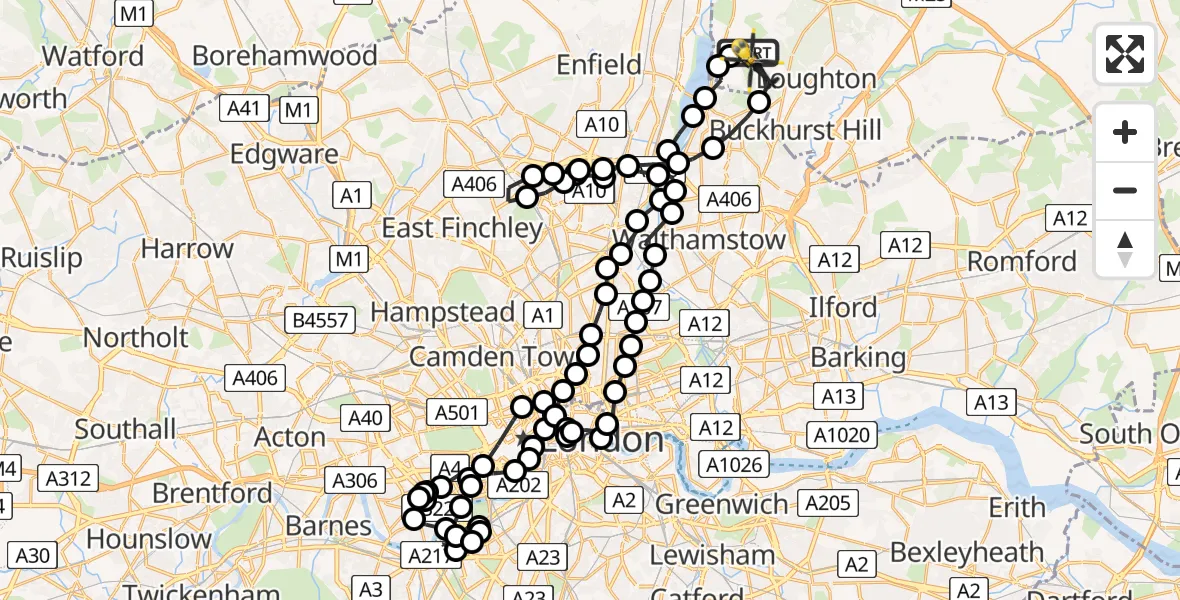 Flight route Police Helicopter Metropolitan Police Air Support Unit Lippitts Hill - Sewardstonebury, 25 July 2026, 18:33