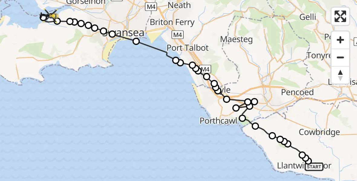 Flight route Police Helicopter Boverton - Crofty, 25 July 2026, 18:37