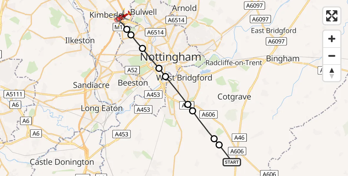 Flight route Air Ambulance Helicopter Widmerpool - Nuthall, 25 July 2026, 18:41