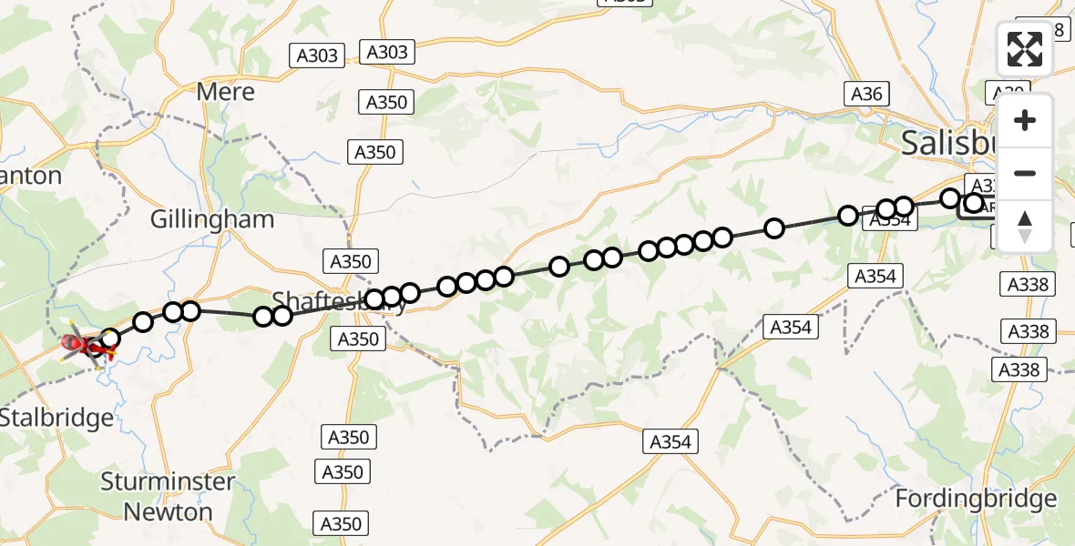 Flight route Air Ambulance Helicopter Salisbury District Hospital - Henstridge Airfield, 25 July 2026, 18:42