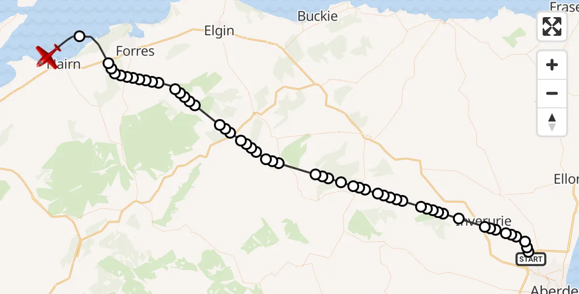 Flight route Air Ambulance Aircraft Aberdeen International Airport - North Sea, 25 July 2026, 18:50