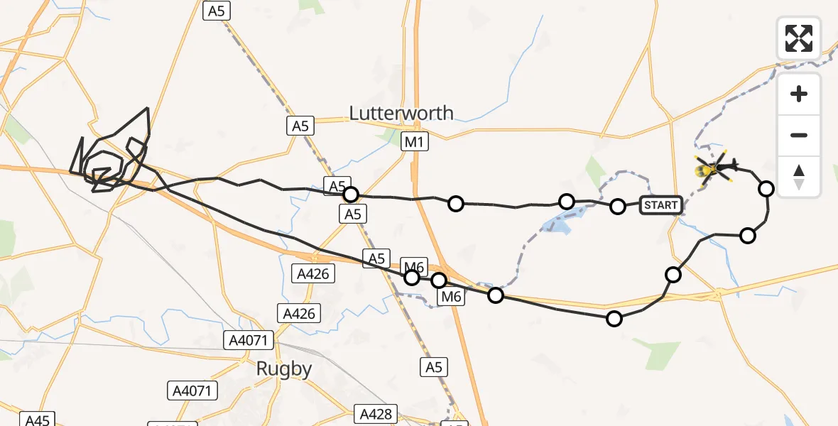 Flight route Police Helicopter Husbands Bosworth - Harborough, 25 July 2026, 18:50
