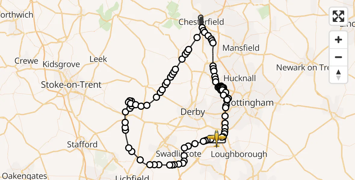 Flight route Police Aircraft East Midlands Airport - East Midlands Airport, 25 July 2026, 18:55