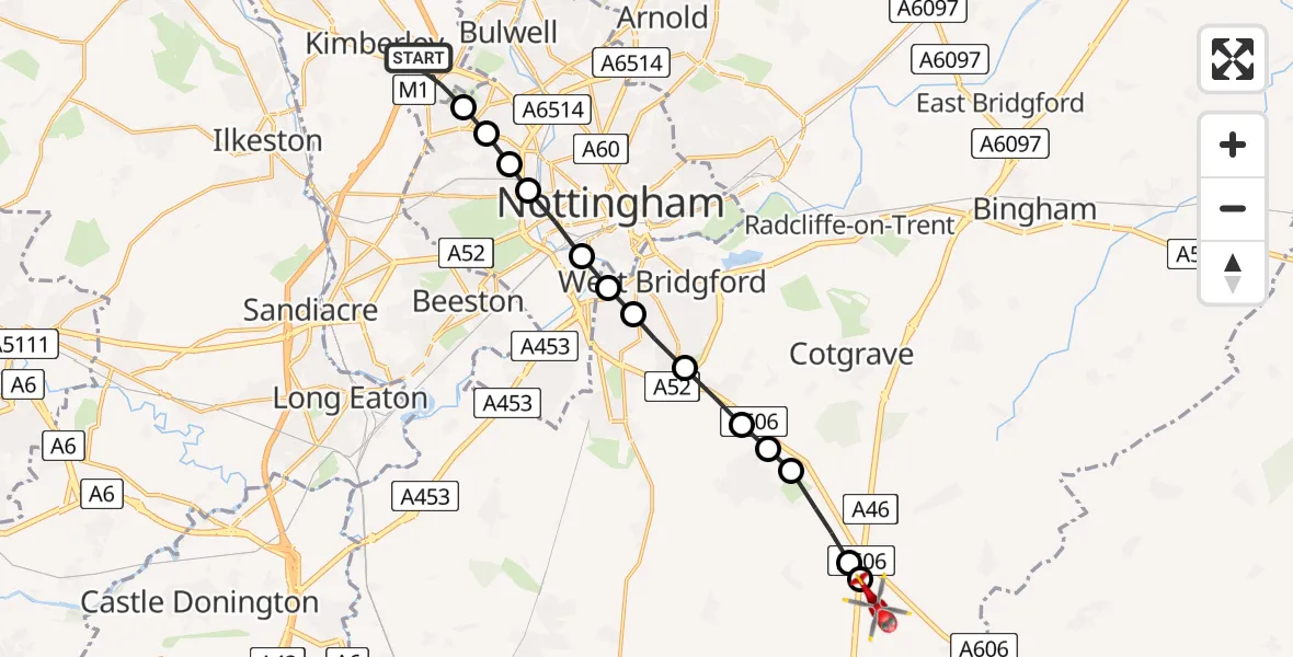 Flight route Air Ambulance Helicopter Nuthall - Nottingham Heliport, 25 July 2026, 19:10