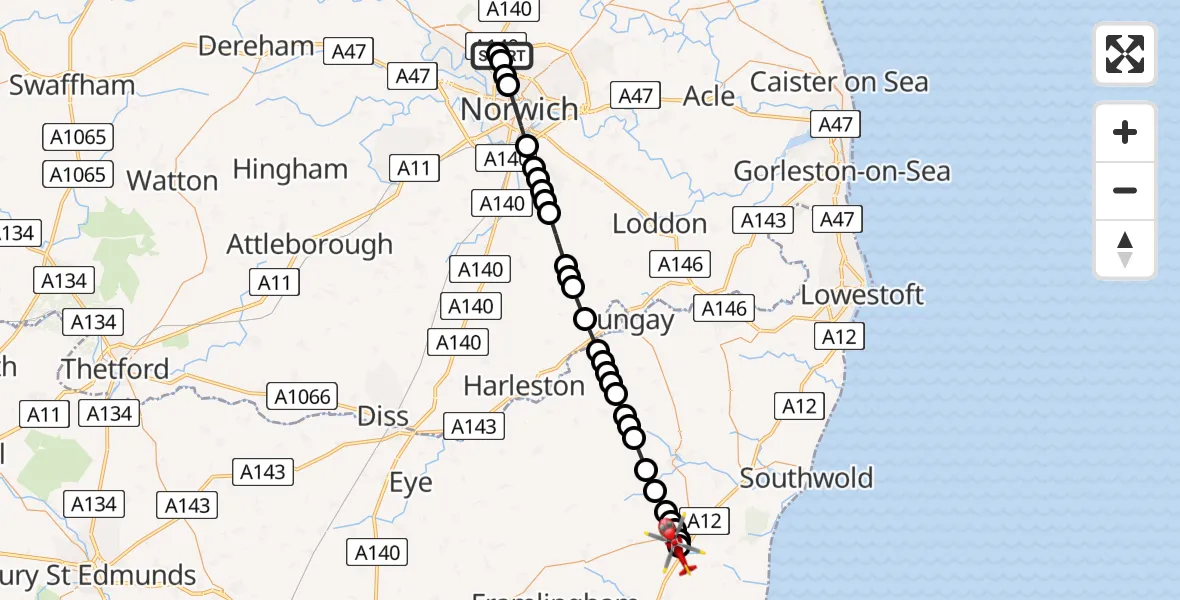 Flight route Air Ambulance Helicopter Norwich Airport - Yoxford, 25 July 2026, 19:17